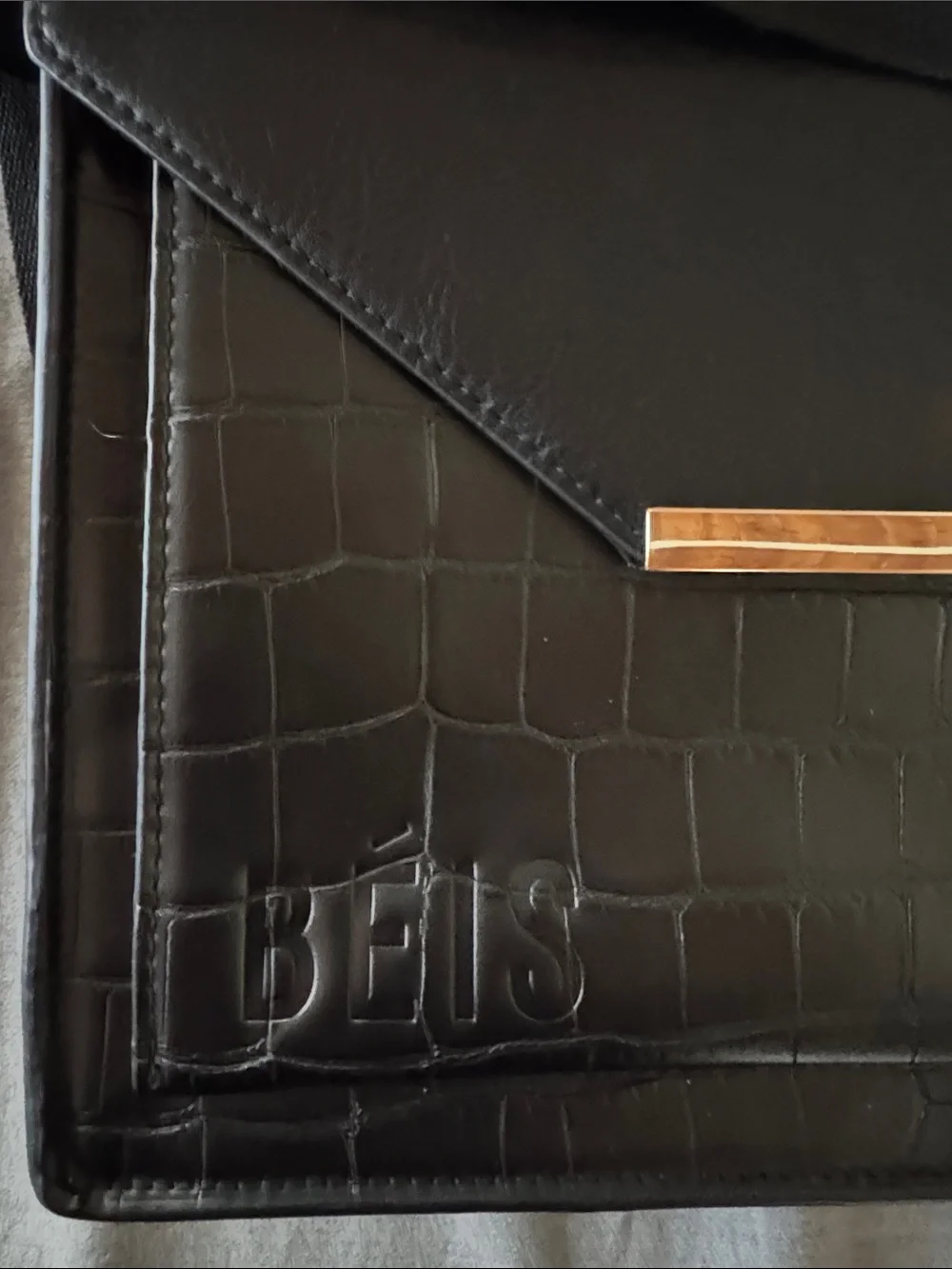 Béis Black Croc-Embossed laptop bag with Gold Hardware